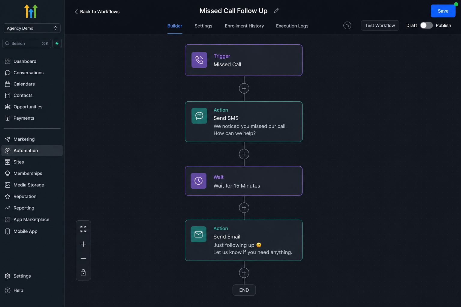 gohighlevel automation workflow missed call text back setup